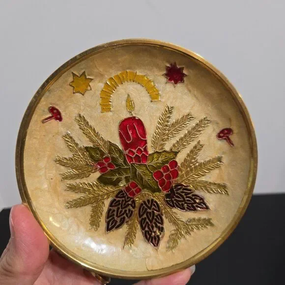 Set of 2 Brass Painted Enamel Christmas Trinket Candle Dish Pinecones India 4.5" - Picture 2 of 5